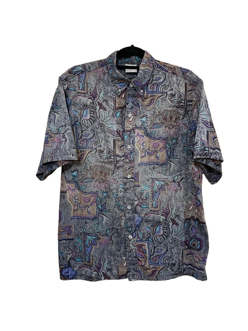 Vintage Go Barefoot Hawaiian Button Down Shirt Men’s L Multicolor Geometric